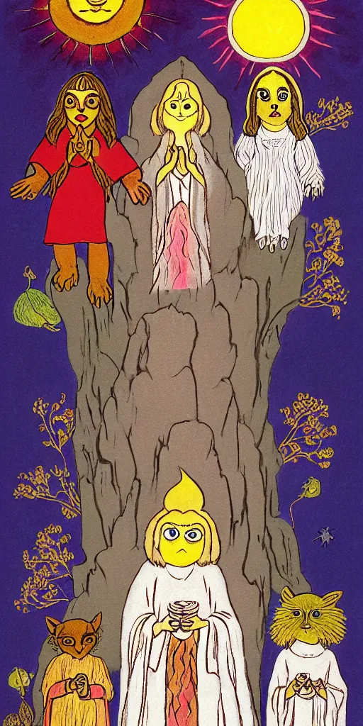 Image similar to small impish joyful creature in white robe with glowing eyes and sun ray flame hair holding lit matches and singing, three sisters visiting, The Queen in the Cave Children's book illustration, traditional folk art style, gouache on paper, outsider art, David Palladini, Mu Pan, Carson Ellis, Julia Sarda, tarot card, Henry Darger, Louis Wain, creepy, 8k, high resolution