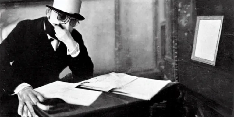 Image similar to dream old black and white portrait photo of Fernando Pessoa at a table inside a cafe composing an astrological chart
