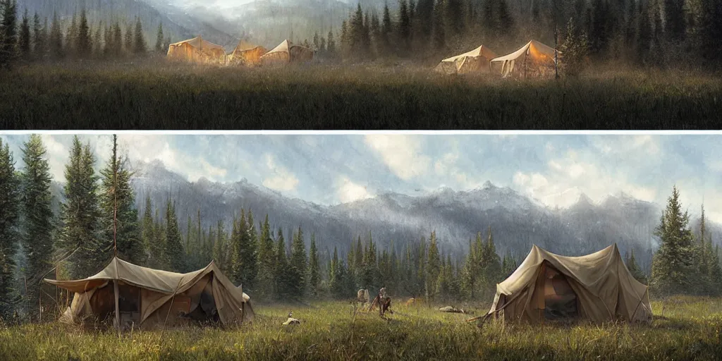 Image similar to cabela's tent fabric shelled pop up family dwelling unit, cabin, modular, person in foreground, mountainous forested wilderness open fields, beautiful views, painterly concept art, joanna gaines, environmental concept art, farmhouse, magnolia, concept art illustration by ross tran, james gurney, by craig mullins, by greg rutkowski