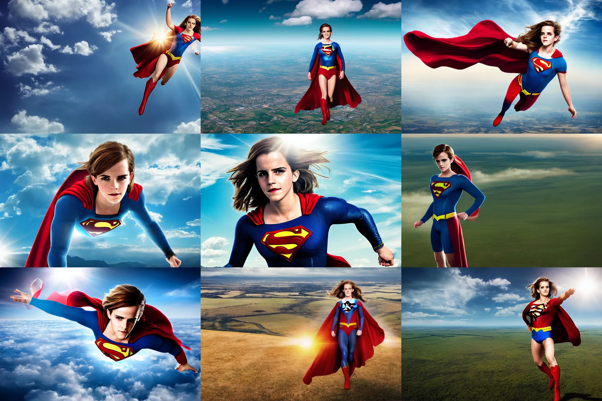 Prompt: emma watson as superman, hd aerial photography, high altitude, clouds and fields in background, lens flare