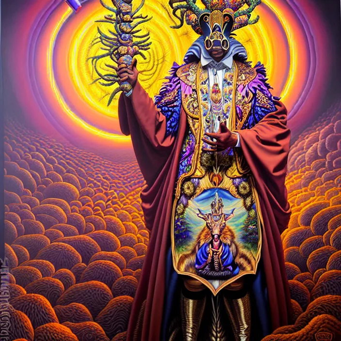 Prompt: beautiful oil painting, full length portrait of zulu dauphinois in baroque coronation robes 1701, Dan Mumford, Dan Mumford, Alex grey, hyacinthe rigaurd, highly detailed , lsd visuals, dmt fractal patterns, visionary art, psychedelic art, ornate, vaporwave, baroque, Greg rutkowski