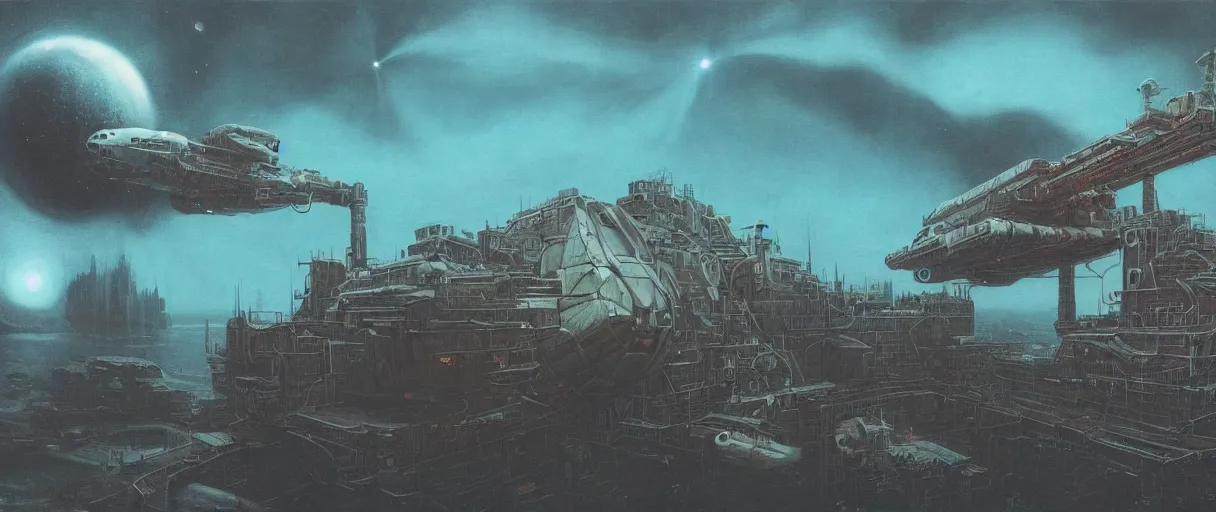 Image similar to lone industrial!!! spaceship!!, deep space exploration!!!, flying, ridley scott universe, the final frontier, illustrative!!, punk, painterly, hyperdetailed, hyperrealistic, utilitarian cargo ship, cinematic lighting, 4k, wide angle, beksinski, (neon colors)