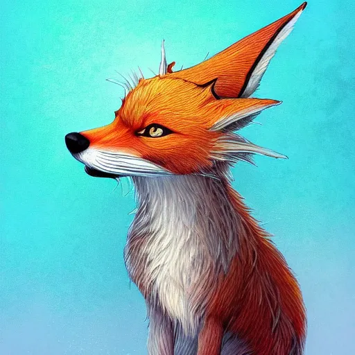 Image similar to “Magali Villenueve style hyperdetailed character painting of a aquatic-kitsune hybrid fox wearing a a straw hat. Award winning high definition photorealism artwork with detailed shading, modern techniques, mixed media. Background gradient soft pastel colouring”