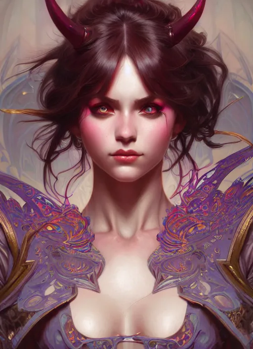 Prompt: hyper detailed ultra sharp of a beautiful devil girl. trending on artstation, dungeon, colorful, ornate, intricate, digital painting, concept art, smooth, sharp focus, illustration, art by artgerm and greg rutkowski and alphonse mucha, 8 k