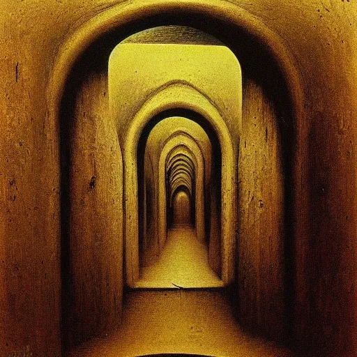 Image similar to cathedral, dungeon, sepulcher, oubliette. unsettling. semi - organic. tunnel, doorways. zdzisław beksinski