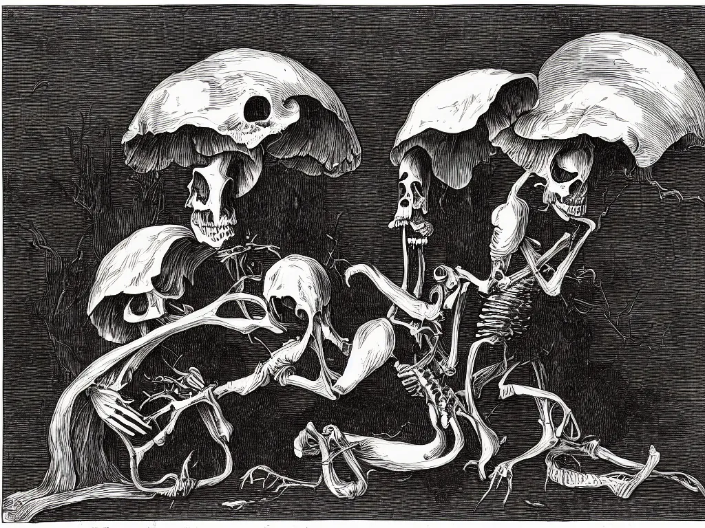 Image similar to the grim reaper death reaping a mushroom soul. Fine art engraving by Gustavo dore. 1868.