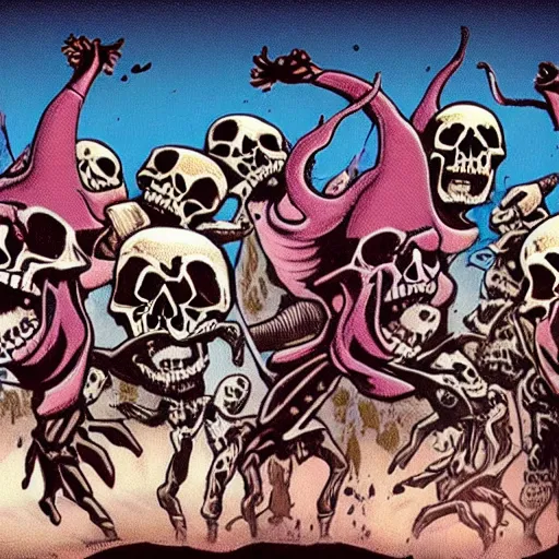 Image similar to skulls dancing along with a bunch of bones, world melting, 8 0 s science fiction, insanity