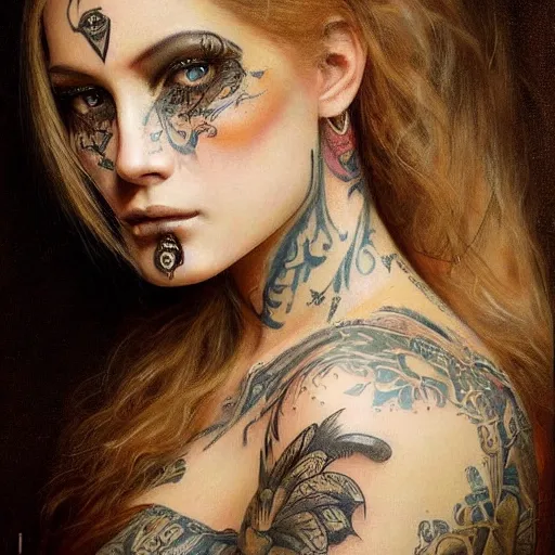 Prompt: photorealistic painting of a female tattooed face with piercings, realistic eyes, symmetric face, beautiful bone structure, dark blonde long hair, painting by gaston bussiere