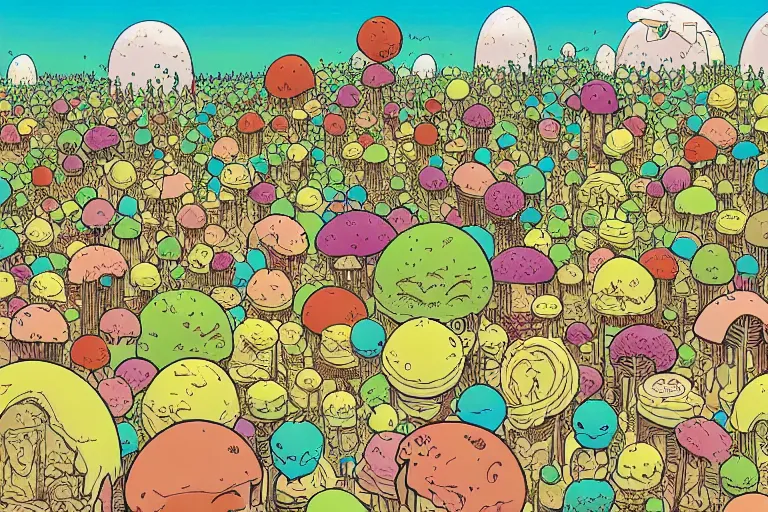 Image similar to surreal glimpse into other universe, inside a marshmallow forest in an ice cream valley, summer morning, very coherent and colorful high contrast, art by geof darrow, dark shadows, hard lighting