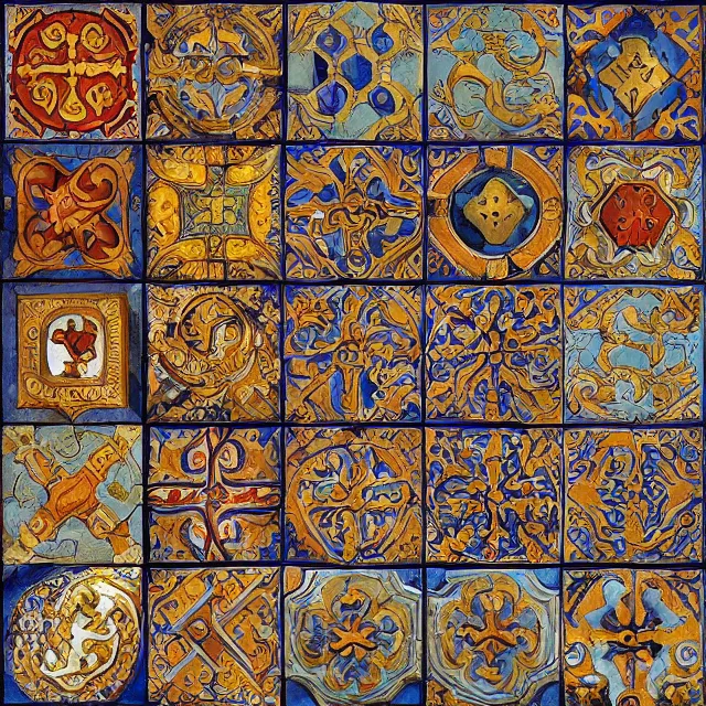 Prompt: a digital painting of medieval floor tiles with heraldic images by justin gerard, paul bonner, highly detailed, digital art, artstation hd