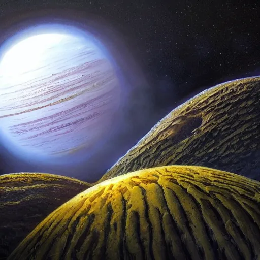 Prompt: alien planetscape illustrated by don dixon