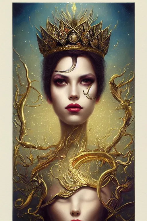 Prompt: Gold Crown with iridescent pearls, jewels, other worldly, rococo, by Anato Finnstark, Tom Bagshaw, Brom