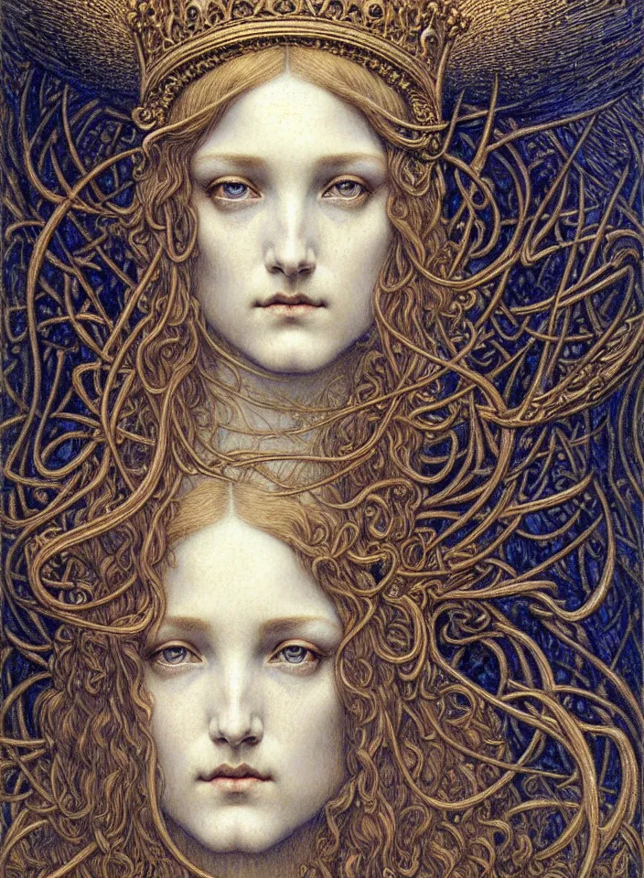 Image similar to detailed realistic beautiful young medieval queen face portrait by jean delville, gustave dore and marco mazzoni, art nouveau, symbolist, visionary, gothic, pre - raphaelite. horizontal symmetry