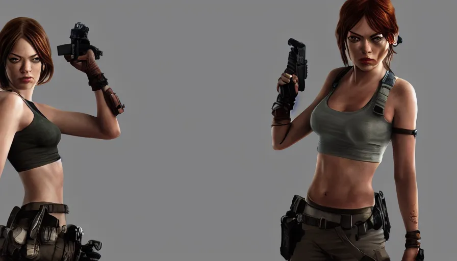 Image similar to emma stone is lara croft from tomb raider, grey background, hyperdetailed, artstation, cgsociety, 8 k