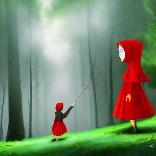 Image similar to little red riding hood by tim burton, 8 k, digital art masterpiece,