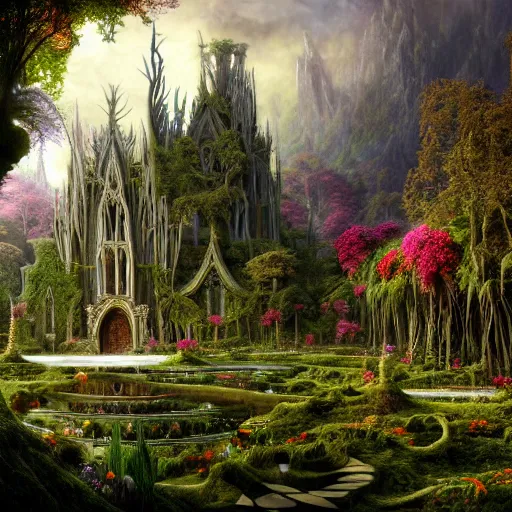 Prompt: a beautiful and highly detailed matte painting of a beautiful elven palace in a magical fantasy forest, psychedelic trees and plants and flowers, celtic vegetation, epic scale, insanely complex, hyperdetailed, sharp focus, hyperrealism, artstation, cgsociety, 8 k, bright colors, by caspar friedrich, albert bierstadt, james gurney, brian froud,