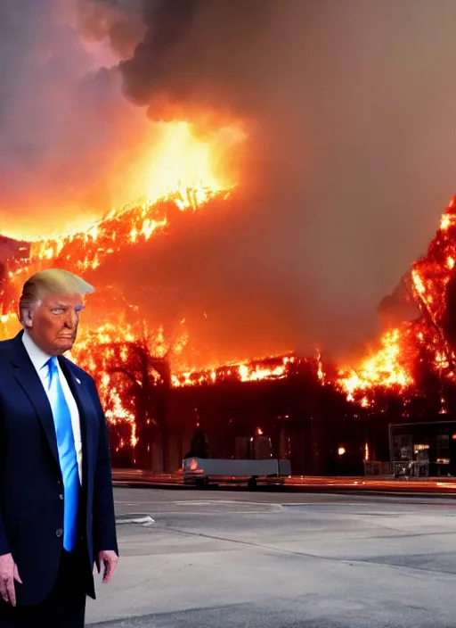 Prompt: a beautiful photo of donald trump being unfazed by the fact that the trump tower is burning, intricate details, photography, volumetric light, 8 k