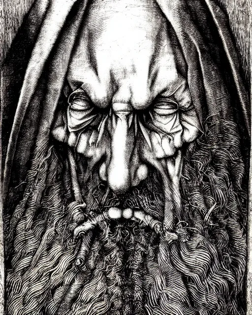 Image similar to old mage, hyper realism, fine details, deviantart artstation, extremely detailed, black and white, very sharp, in the style of albrecht durer, etching,