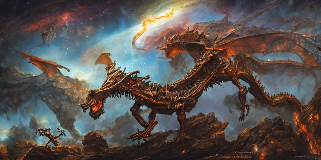 Image similar to a cinematic shot of a dragon skeleton in outer space, epic nebula, Dan Seagrave art