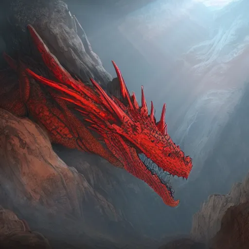 Prompt: photo of a large red scaly dragon sleeping on a mountain of human bones in a dark dusty cave with a ray of light shining on it\'s face. Very detailed 8k. fantasy