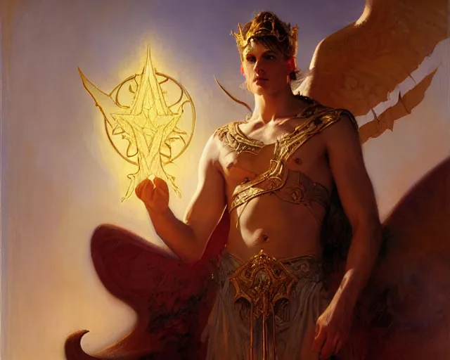 Image similar to attractive pagan male deity, casting chaos magic, summoning handsome lucifer morning star. highly detailed painting by gaston bussiere, craig mullins, j. c. leyendecker 8 k