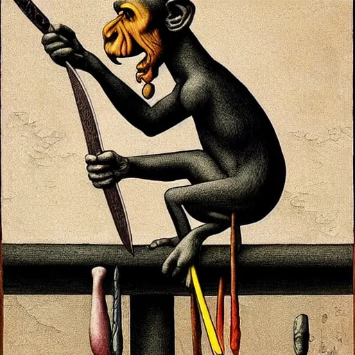 Image similar to Clever monkey with a long knife, very detailed and colorful, by Santiago Caruso, by M.C. Escher, by Michelangelo, beautiful, eerie, surreal, psychedelic