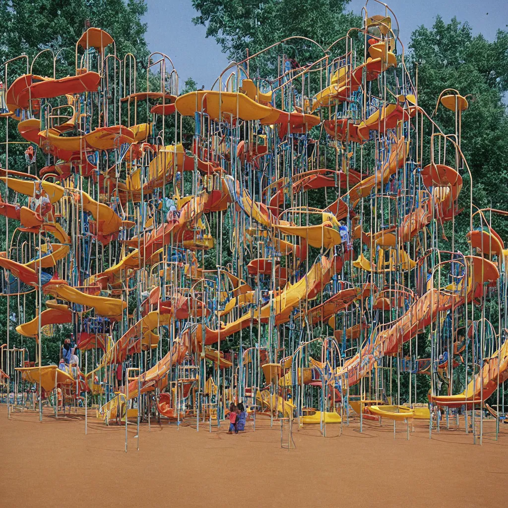 Prompt: full - color closeup 1 9 7 0 s photo of a vast incredibly - large complex very - dense tall many - level playground in a crowded schoolyard. the playground is made of brown wooden planks, black rubber tires, silver metal bars, and beige ropes. it has many spiral staircases, high bridges, ramps, balance beams, and metal tunnel - slides.