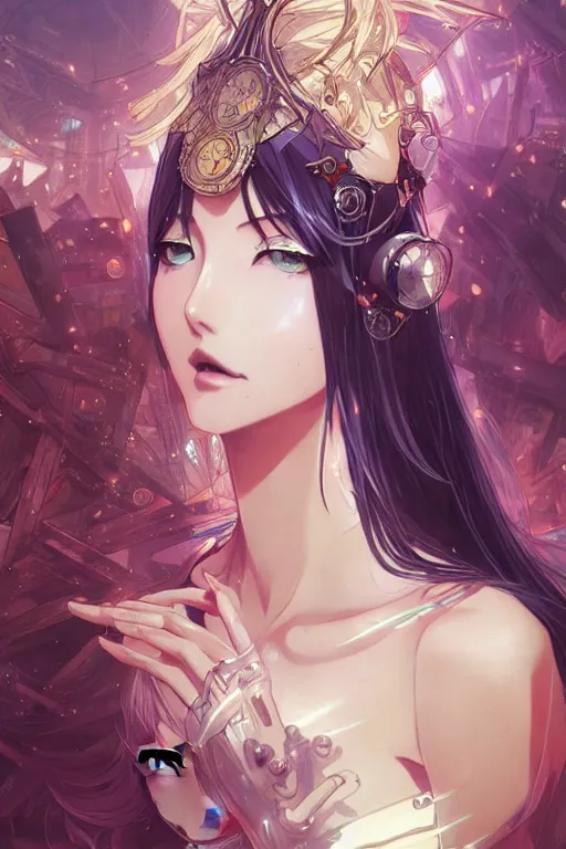 Image similar to ”beautiful anime woman, modern, cyberpunk, fantasy, magical, eerie, intricate, elegant, super highly detailed, professional digital painting, artstation, concept art, 8k, art by artgerm and alohonse mucha and eiichiro oda”