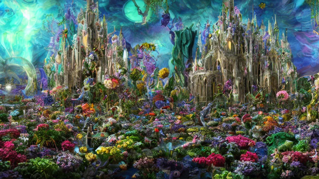 Image similar to a centered render of intricate modular synthesizer of alice in wonderland, shining its light across a tumultuous sea of flowers, undersea animals and gothic crystal church by dorothea tanning and salvador dali, trending on artstation, cyber punk, high contrast, unreal engine, high detailed, 8 k