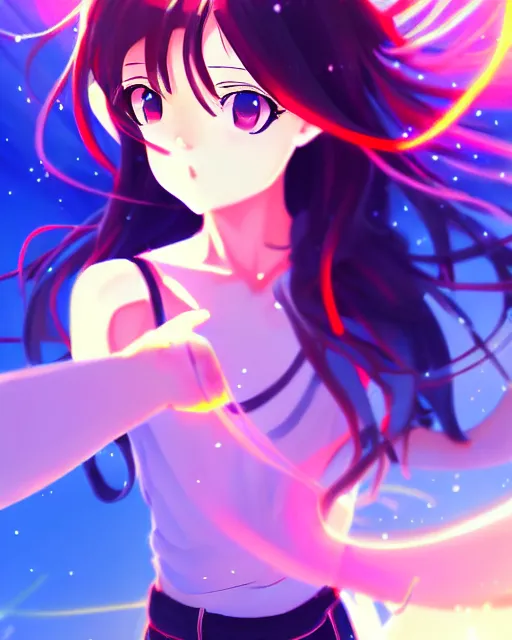 Image similar to anime style, vivid, expressive, full body, 4 k, painting, a cute magical girl with a long wavy black hair, stunning, realistic light and shadow effects, centered, simple background, studio ghibly makoto shinkai yuji yamaguchi