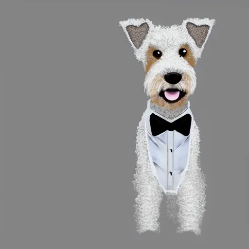 Prompt: realistic portrait wire fox terrier wearing a tuxedo