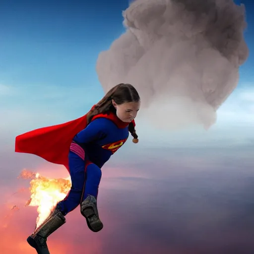 Image similar to epic photo of greta thunberg flying as superman realistic backlit background oil refinery explosions and black smoke