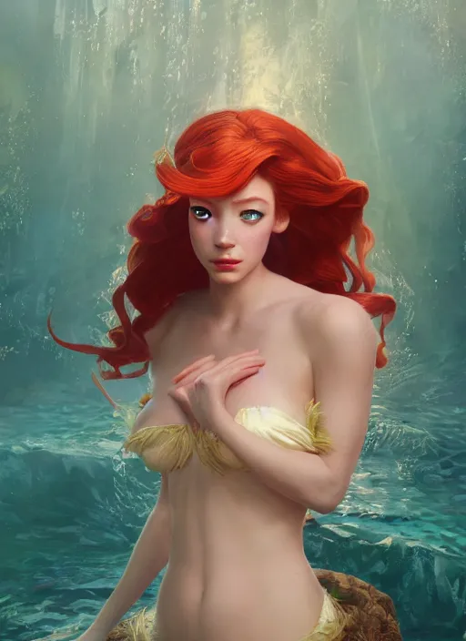 Image similar to princess ariel, naturel, hyper detailed, digital art, trending in artstation, cinematic lighting, studio quality, smooth render, unreal engine 5 rendered, octane rendered, art style by klimt and nixeu and ian sprigger and wlop and krenz cushart