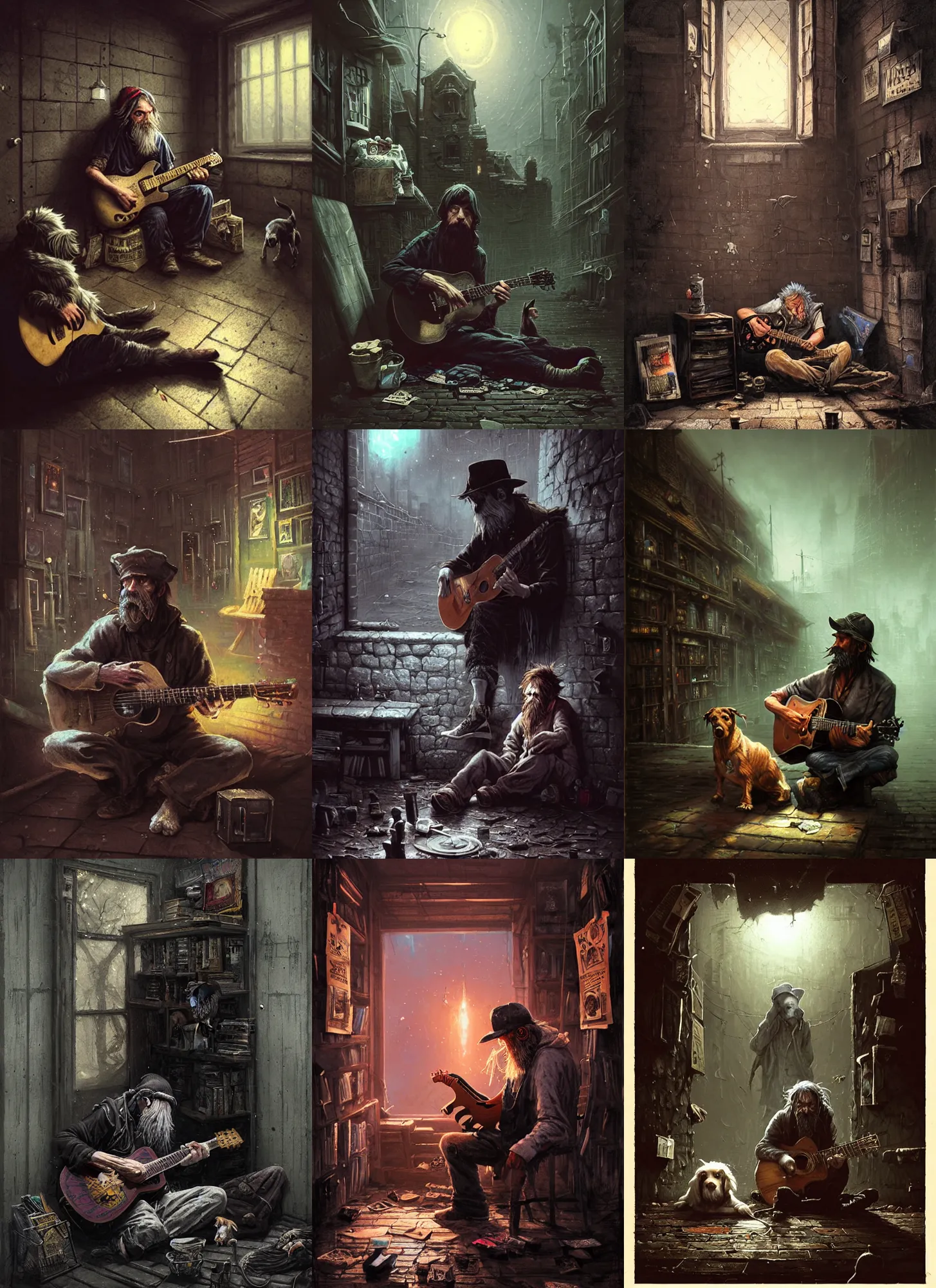 Prompt: Highly detailed portrait of homeless and beaten up Ashcan Pete playing guitar with dog, sitting near wall, Arkham Horror, Lovecraft, fluid darkness, mystery and evil, 1920, in style 19 century, unreal engine, fantasy art by Greg Rutkowski, Loish, Rhads, ferdinand knab, Makoto Shinkai and Lois van baarle, ilya kuvshinov, rossdraws, Tom Bagshaw, global illumination, radiant light, detailed and intricate environment