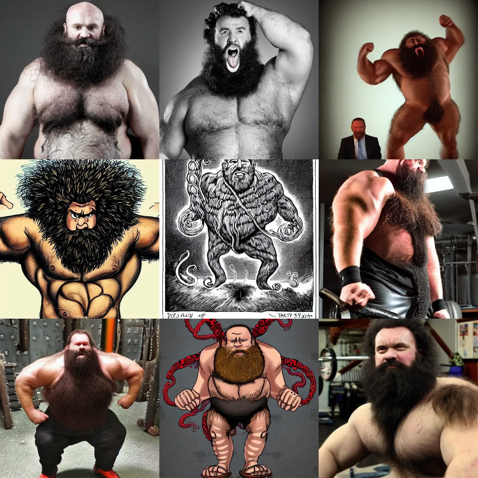 Prompt: big hairy strongman with a lot of tentacles