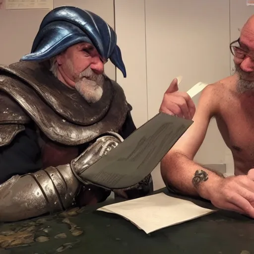 Image similar to a sea elf trying to get an incredibly sweaty commander to sign a piece of parchment fantasy 4k