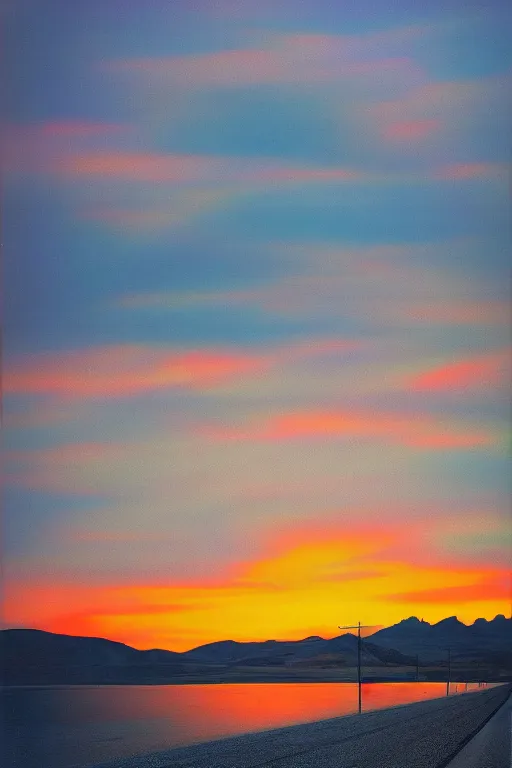 Prompt: colourful sunset at the end of a long highway by ansel adams