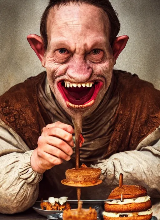 Image similar to closeup portrait of a medieval goblin eating cakes in the cloisters, depth of field, zeiss lens, detailed, symmetrical, centered, fashion photoshoot, by Annie Leibovitz and Steve McCurry, David Lazar, Jimmy Nelsson, Breathtaking, 8k resolution, extremely detailed, beautiful, establishing shot, artistic, hyperrealistic, beautiful face, octane render