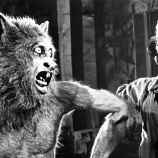 Image similar to film still of a werewolf extending his out hand in the wolf man 1 9 4 1