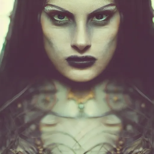 Image similar to beautiful portrait of a dark sorceress female, 35mm, cinematic shot, photorealistic, depth of field, style of irwing penn