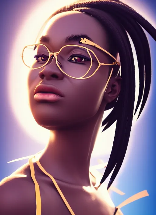 Prompt: attractive female portrait of african ninja, with glasses on, cloud background, rule of thirds, uplight, intricate, symmetrical!!, war paint, anime, prism highlights, depth of field, cinematic, filmic, vsco, concept art, artstation, digital painting, elegant, epic, focus, octane render, vray render, arnold render,