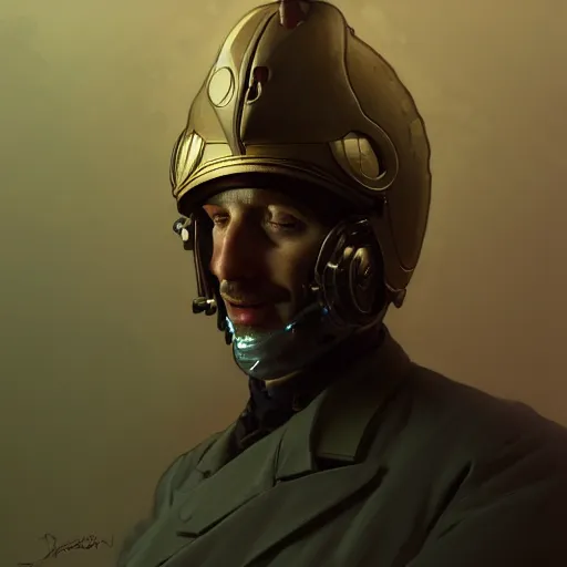 Image similar to portrait of a vicotrian doctor in suit with helmet by darek zabrocki and greg ruthkowski, alphonse mucha, simon stalenhag and cinematic and atmospheric, concept art, artstation, trending on artstation