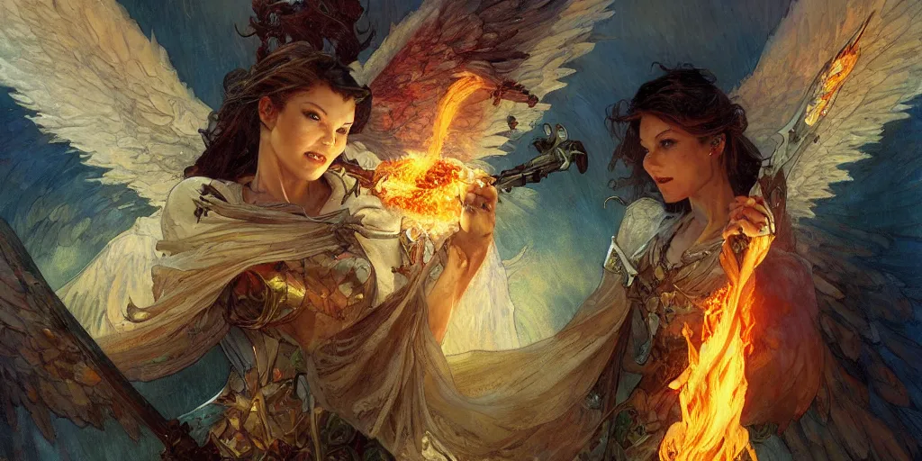 Prompt: a terrifyingly beautiful angel wielding a flaming sword, by Stanley Artgerm Lau , greg rutkowski, thomas kindkade, alphonse mucha, loish, norman Rockwell