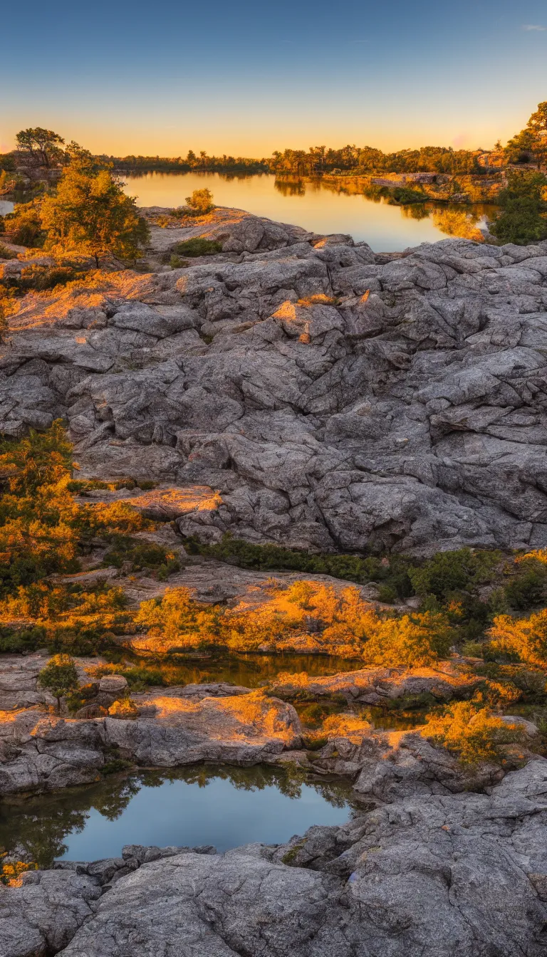 Prompt: Beautiful landscape photograph of large rock formation, lake in foreground, dusty rock in background, trees in background, golden hour photography, 4k, wallpaper