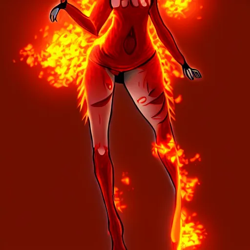 Prompt: A flaming lava game character, fire lava dress, doll-like, character design sheet, detailed eyes, HDR