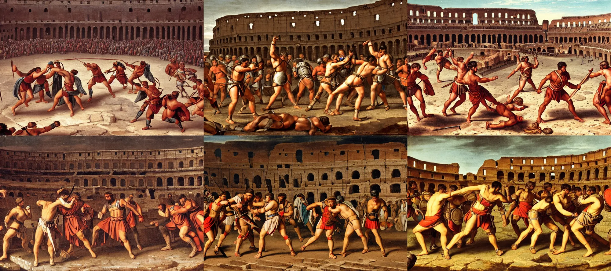 Image similar to Gladiators fighting in a roman colosseum