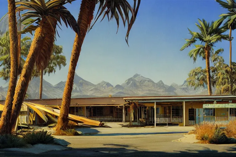 Image similar to natural american landscape | abandoned motel | palm trees | snowy mountains, painting by syd mead and weta studio and moebius and james jean and frank frazetta, highly detailed, rule of third, soft lighting, 8 k resolution, oil on canvas, architectural magazine, beautiful detailed, insanely intricate details, artstation trending, hypermaximalistic, high details, cinematic