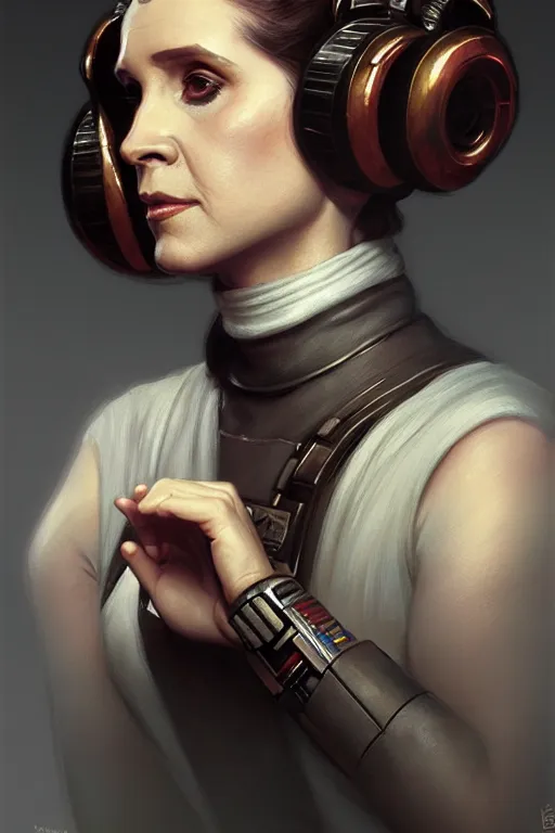 Image similar to portrait of princess leia, star wars, upper body, fantasy, intricate, elegant, highly detailed, digital painting, artstation, concept art, smooth, sharp focus, key light, illustration, art by artgerm and greg rutkowski and alphonse mucha