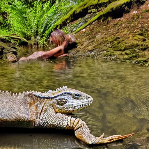 Prompt: lizard human sitting in water, photograph captured at oregon hotsprings