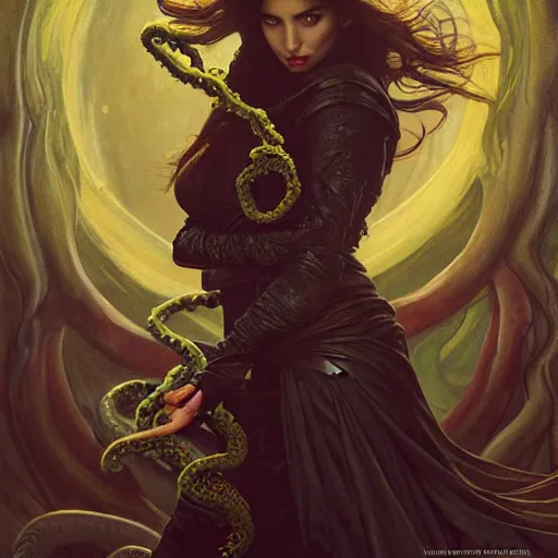 Image similar to half length portrait of ana de armas as a warlock using cthulhu tentacle eldritch magic, d & d, medieval, fantasy, royo, klimt, miro, vallejo, frazetta, alphonse mucha, greg rutkowski, whealan